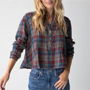 Natural Life Plaid Shirt v-neck Multicolor gauze cotton XL A004102